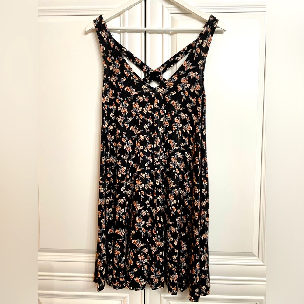 Tank Top Style Size Small Dress with Crossing Straps in Back Black Pink Flowers